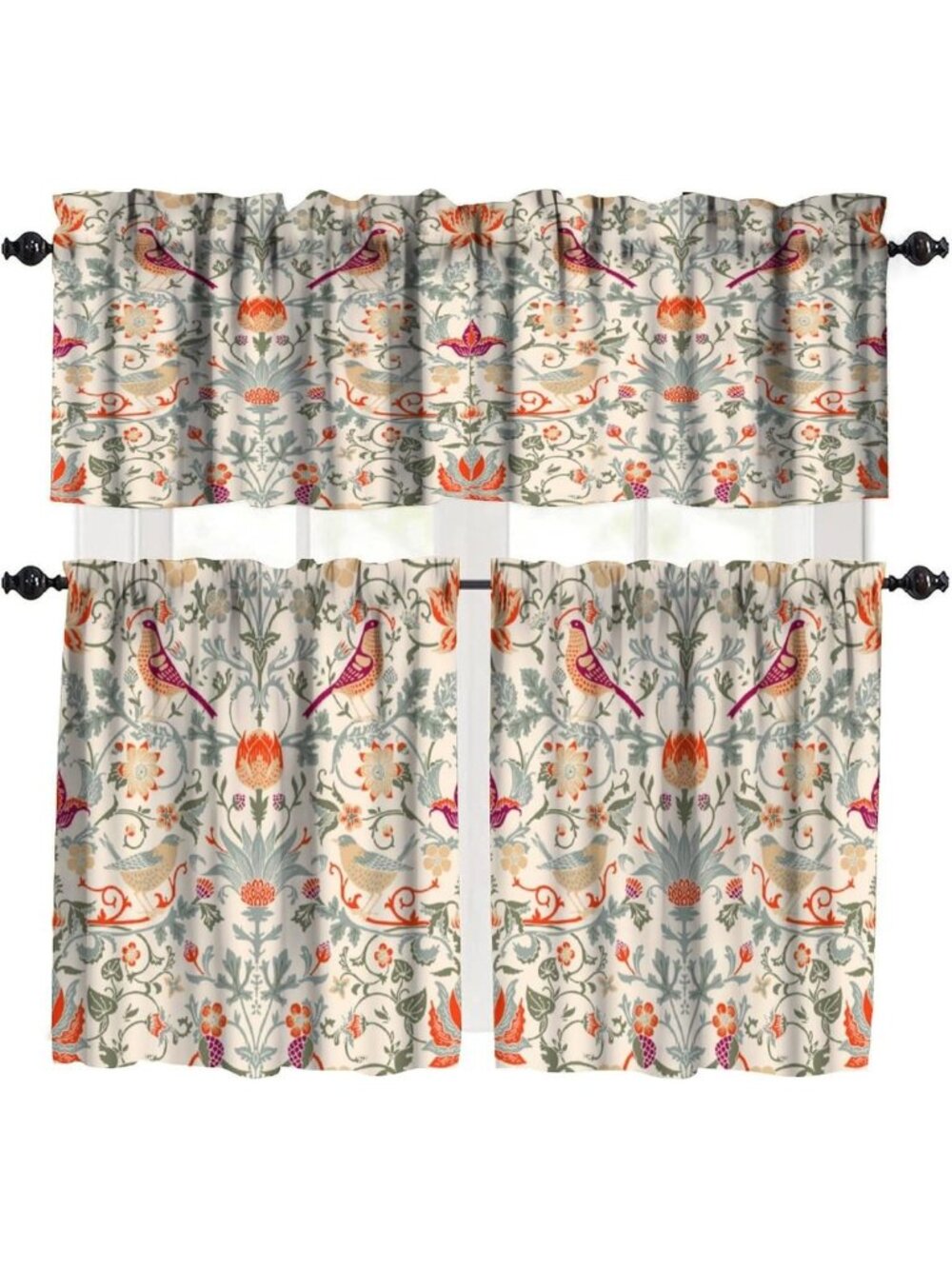 Boho Retro Bird Print Valance Curtains | Elegant Small Window Treatments 54x18